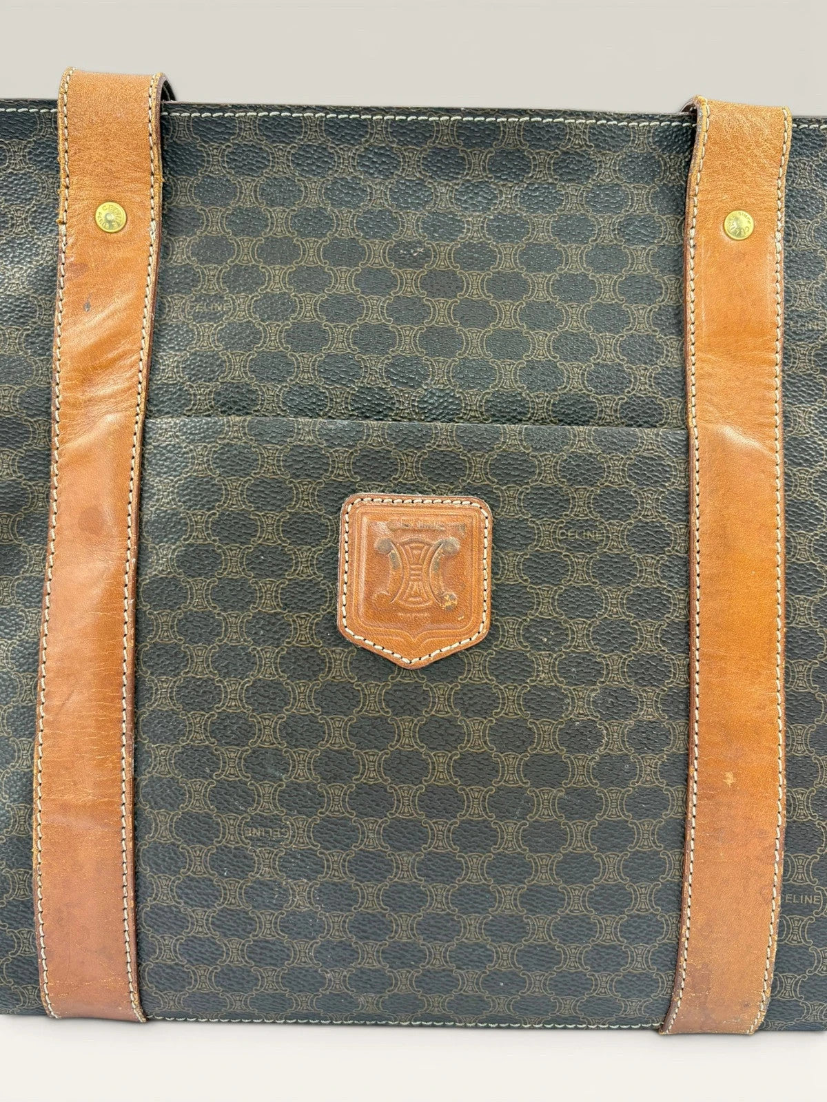 CELINE brown tan tote bag Macadam canvas with Triomphe logo and leather trim