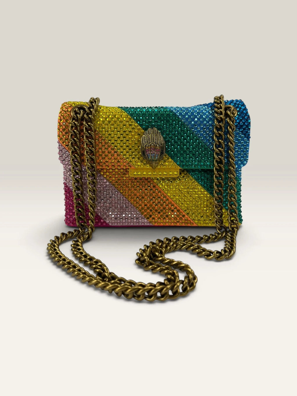 Kurt Geiger multi crossbody bag with rainbow crystal embellishments and eagle head hardware.