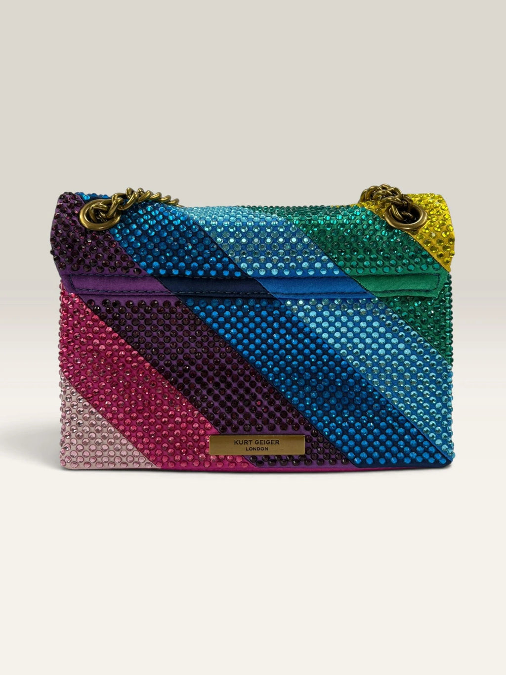 Kurt Geiger multi crossbody bag with rainbow crystal embellishments and eagle head hardware.