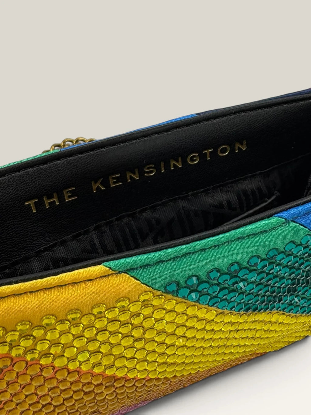 Kurt Geiger multi crossbody bag with rainbow crystal embellishments and eagle head hardware.