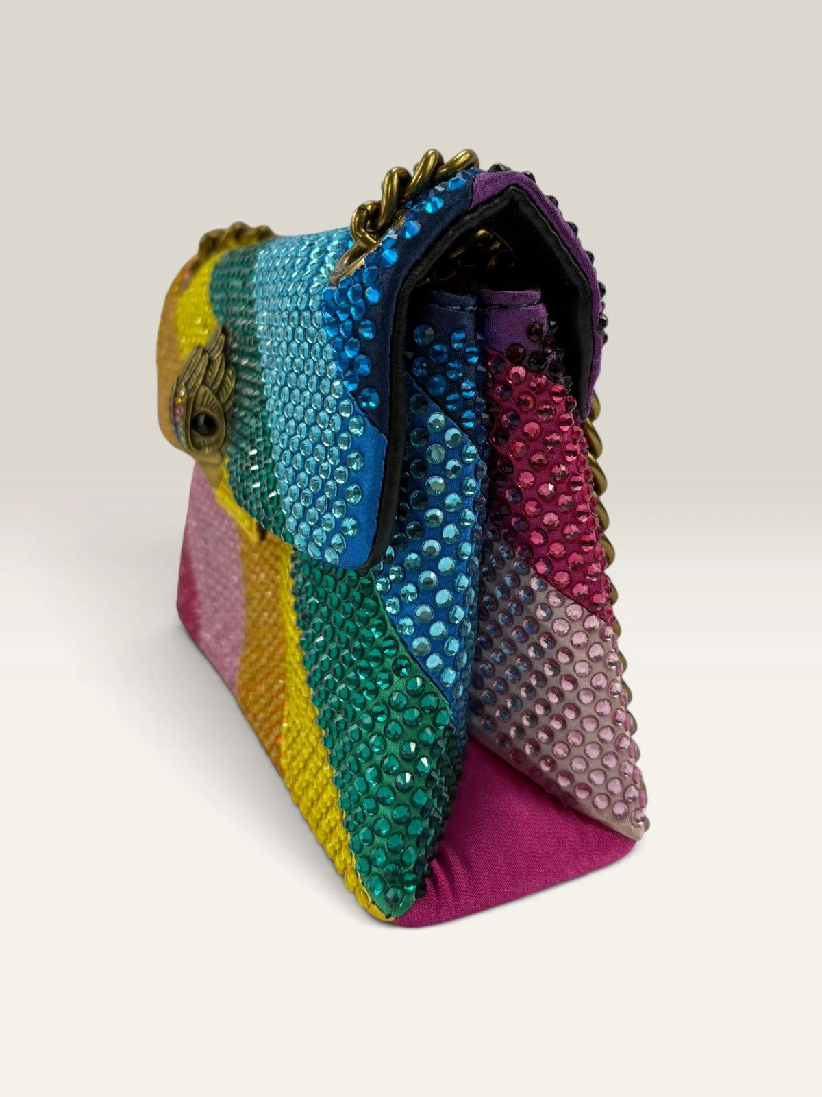 Kurt Geiger multi crossbody bag with rainbow crystal embellishments and eagle head hardware.
