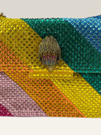 Kurt Geiger multi crossbody bag with rainbow crystal embellishments and eagle head hardware.
