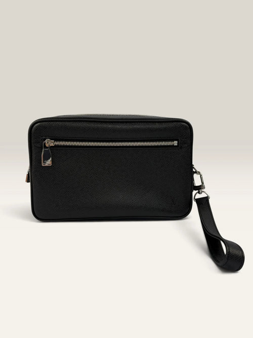 Louis Vuitton black leather clutch bag with silver-tone hardware and detachable wrist strap.