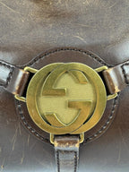Gucci brown leather shoulder bag oversized interlocking GG logo gold hardware vintage patina