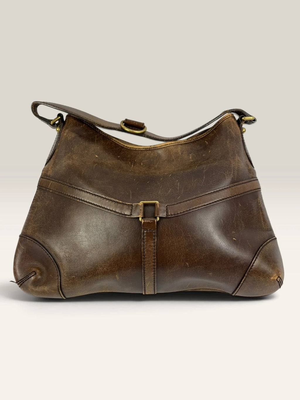 Gucci brown leather shoulder bag oversized interlocking GG logo gold hardware vintage patina