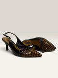 Louis Vuitton slingback heels black and brown patent leather with Damier checkerboard pattern.