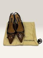 Louis Vuitton slingback heels black and brown patent leather with Damier checkerboard pattern.