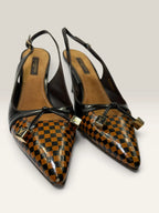 Louis Vuitton slingback heels black and brown patent leather with Damier checkerboard pattern.