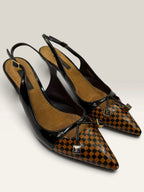 Louis Vuitton slingback heels black and brown patent leather with Damier checkerboard pattern.