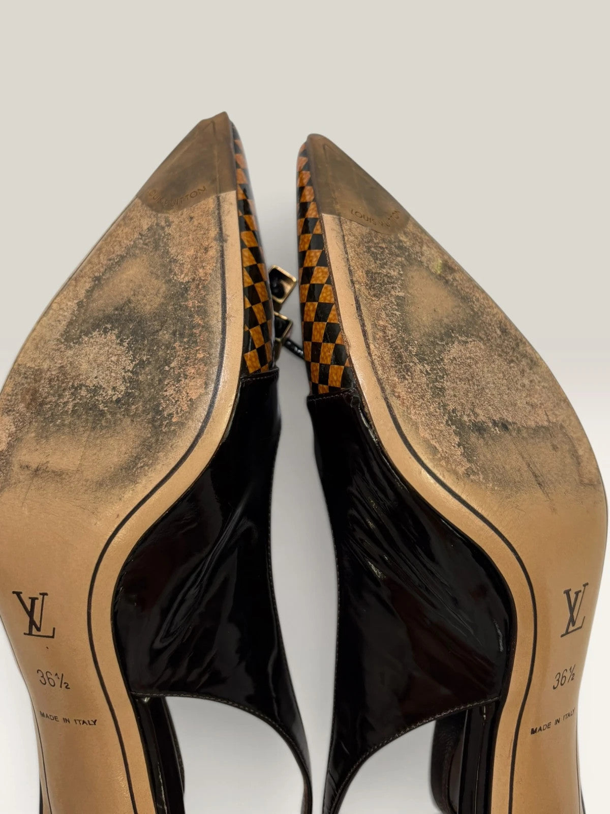 Louis Vuitton slingback heels black and brown patent leather with Damier checkerboard pattern.