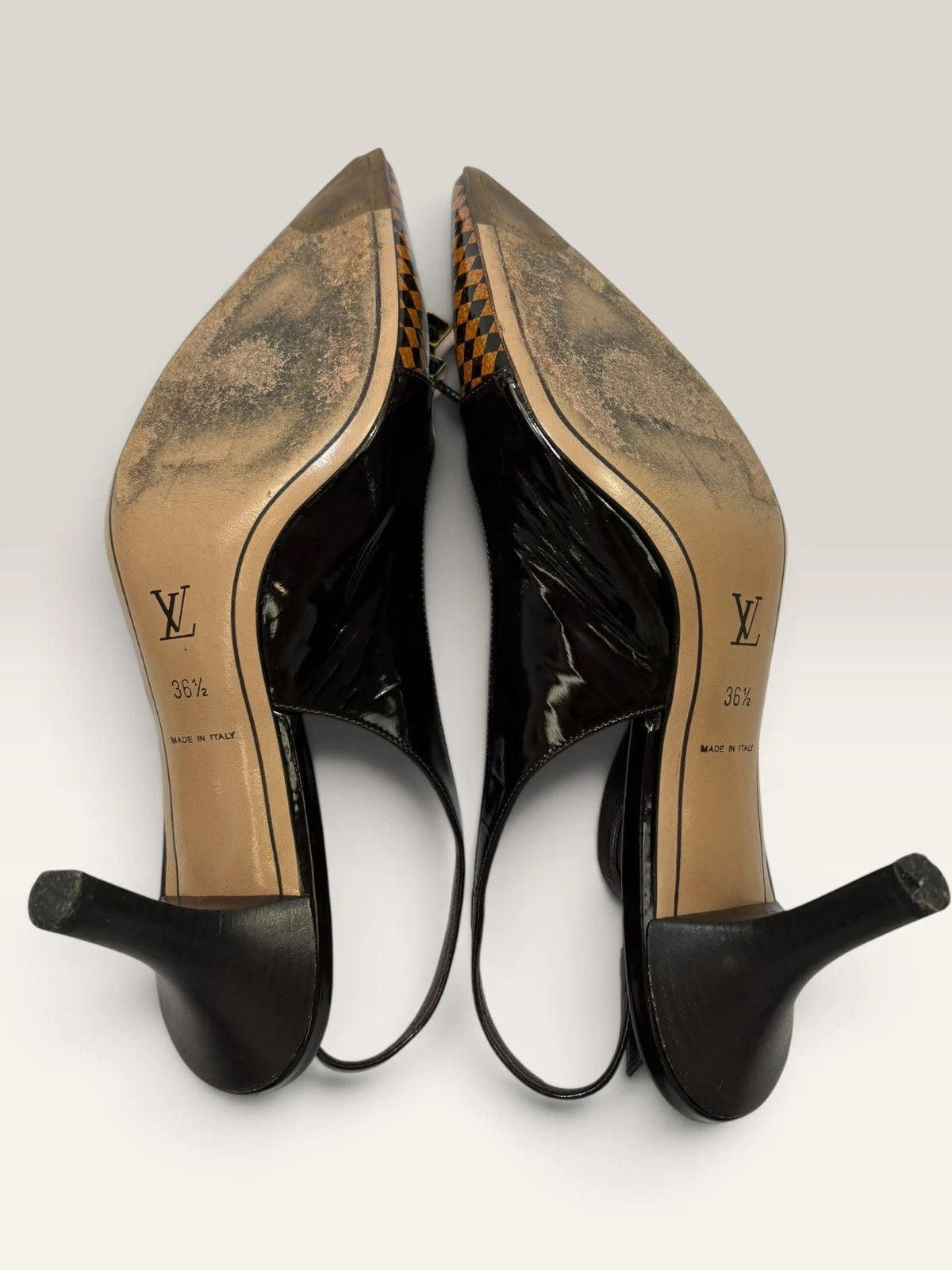 Louis Vuitton slingback heels black and brown patent leather with Damier checkerboard pattern.