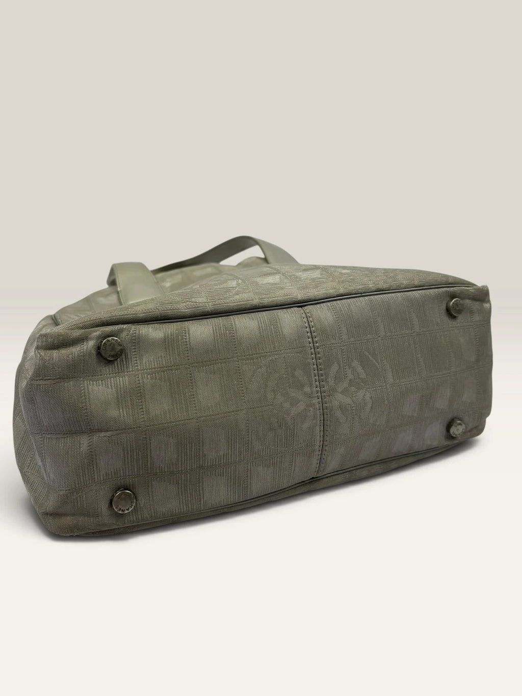 Chanel grey jacquard nylon tote with interlocking CC logo and leather shoulder straps.