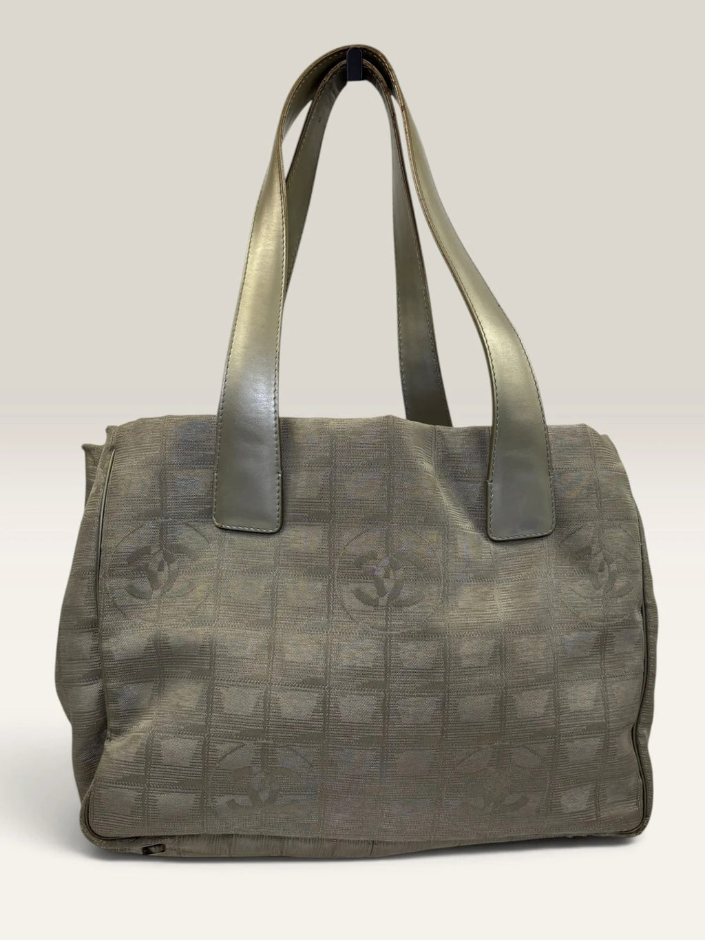 Chanel grey jacquard nylon tote with interlocking CC logo and leather shoulder straps.