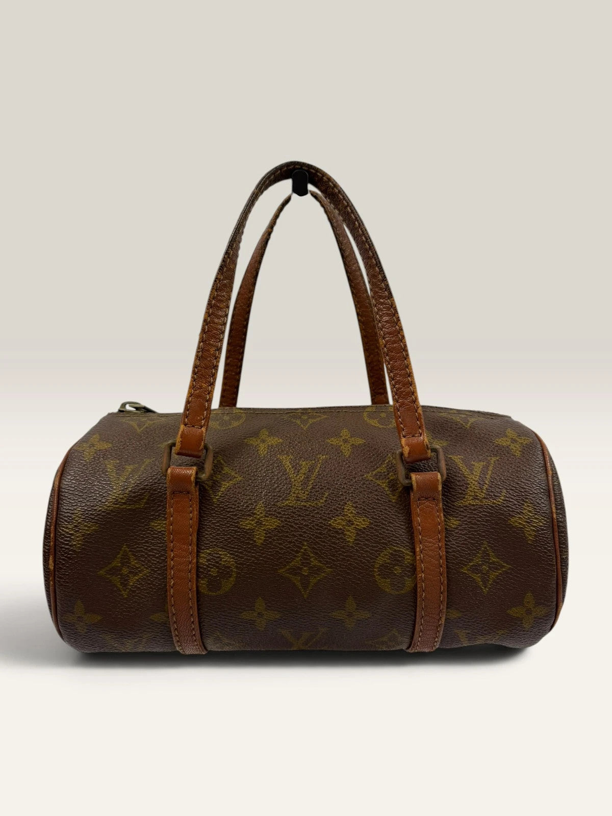 Louis Vuitton Papillon 30 handbag brown monogram canvas with natural leather trim and handles.
