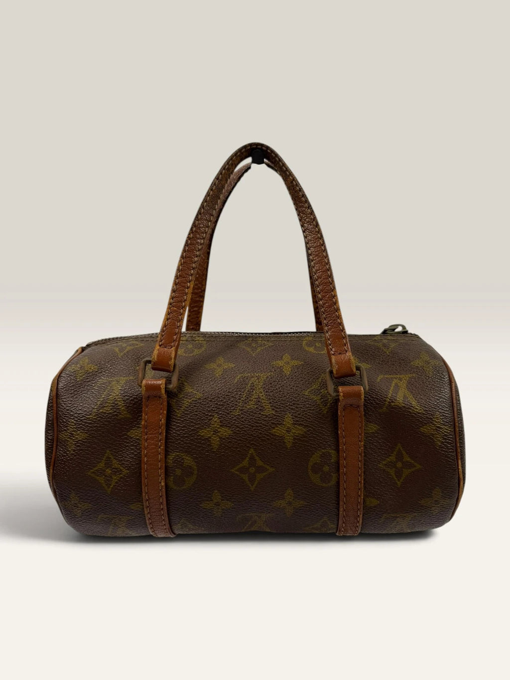Louis Vuitton Papillon 30 handbag brown monogram canvas with natural leather trim and handles.