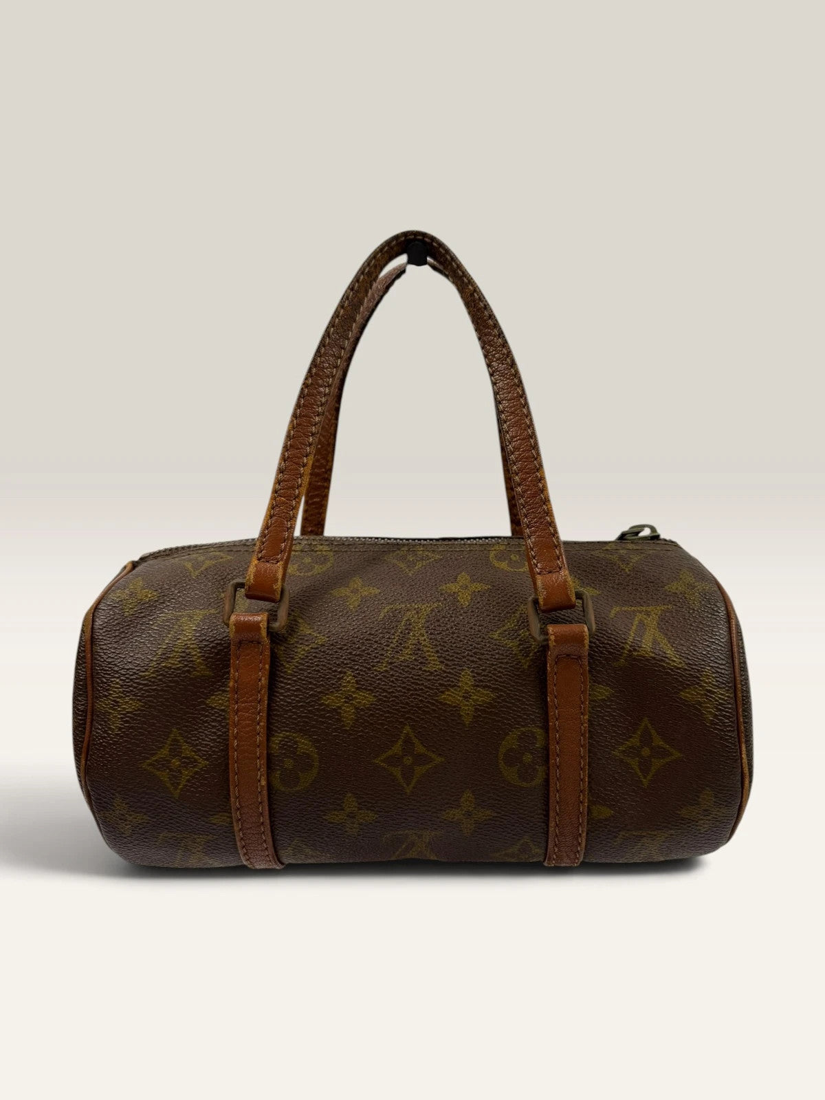 Louis Vuitton Papillon 30 handbag brown monogram canvas with natural leather trim and handles.