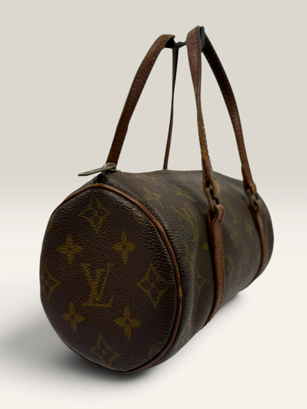 Louis Vuitton Papillon 30 handbag brown monogram canvas with natural leather trim and handles.