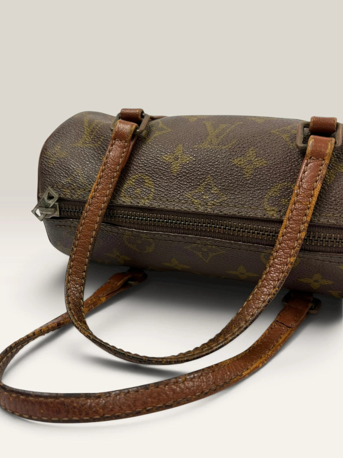 Louis Vuitton Papillon 30 handbag brown monogram canvas with natural leather trim and handles.