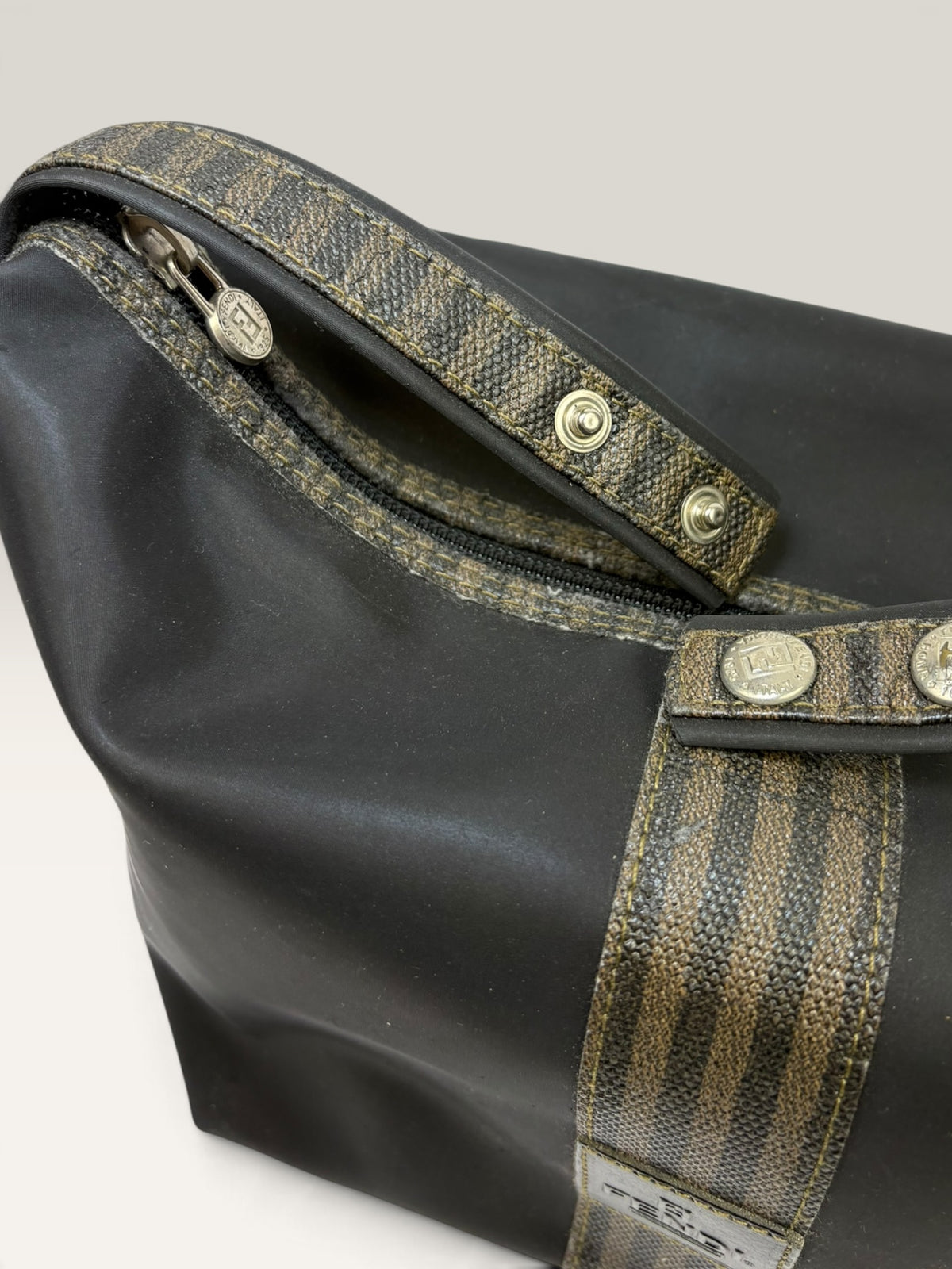 Fendi Pequin stripe black canvas cosmetic bag with snap strap - image 9 of 14
