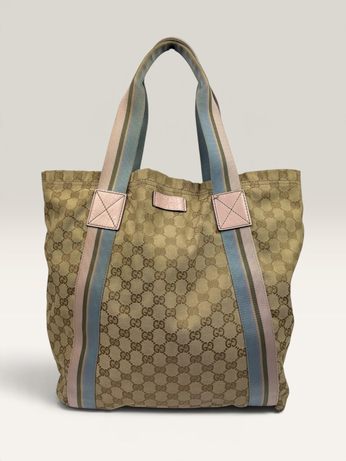 Gucci GG canvas tote bag with blue and pink web stripe handles - image 1 of 14