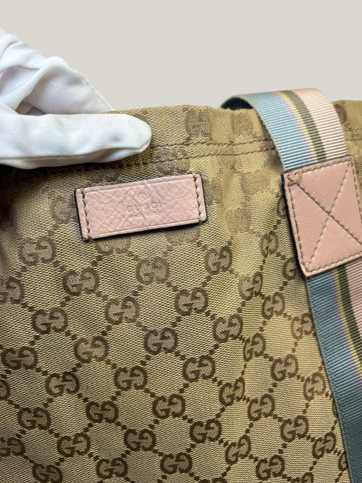 Gucci GG canvas tote bag with blue and pink web stripe handles - image 6 of 14
